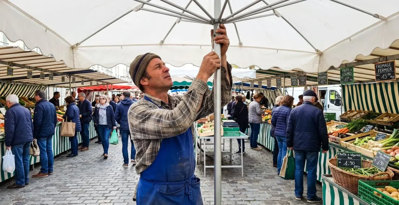 Commerçant vu de profil vérifiant le serrage du mât d'un grand parasol blanc sur un marché en plein air, geste professionnel précis, lumière naturelle matinale
