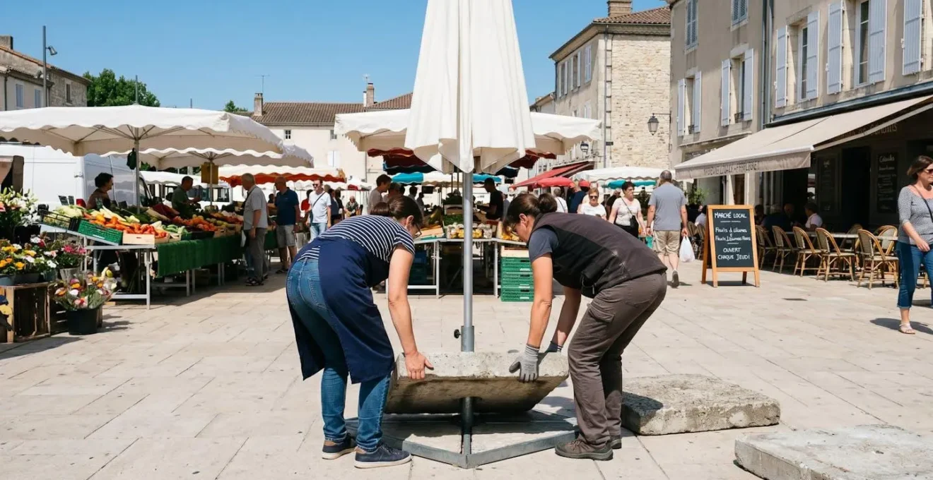 Deux commerçants vus de dos en train de positionner ensemble une dalle de béton au pied d'un grand parasol blanc sur un marché en plein air, geste de collaboration professionnelle, lumière naturelle du matin