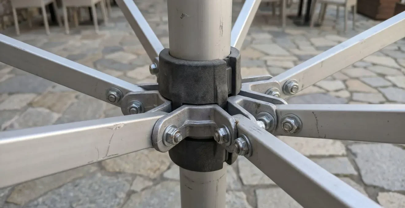 Gros plan détaillé sur l'assemblage d'une armature de parasol en aluminium mat, jonction entre le mât central et les nervures métalliques, texture métallique nette, arrière-plan flouté lumineux