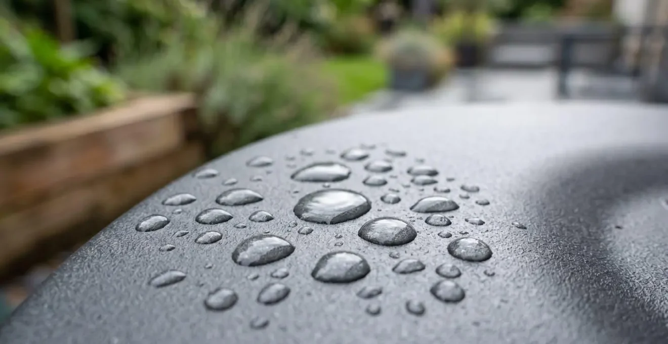 Gros plan de gouttes d'eau perlant sur une surface en aluminium thermolaqué avec reflets lumineux et arrière-plan flouté