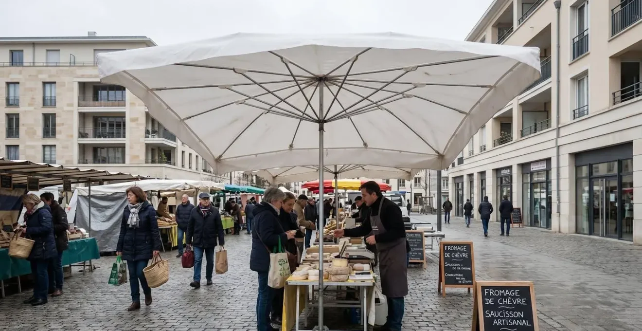 Grand parasol blanc déployé sur un marché en plein air sous un ciel gris légèrement nuageux, vent visible dans les plis de la toile, ambiance réaliste de journée venteuse