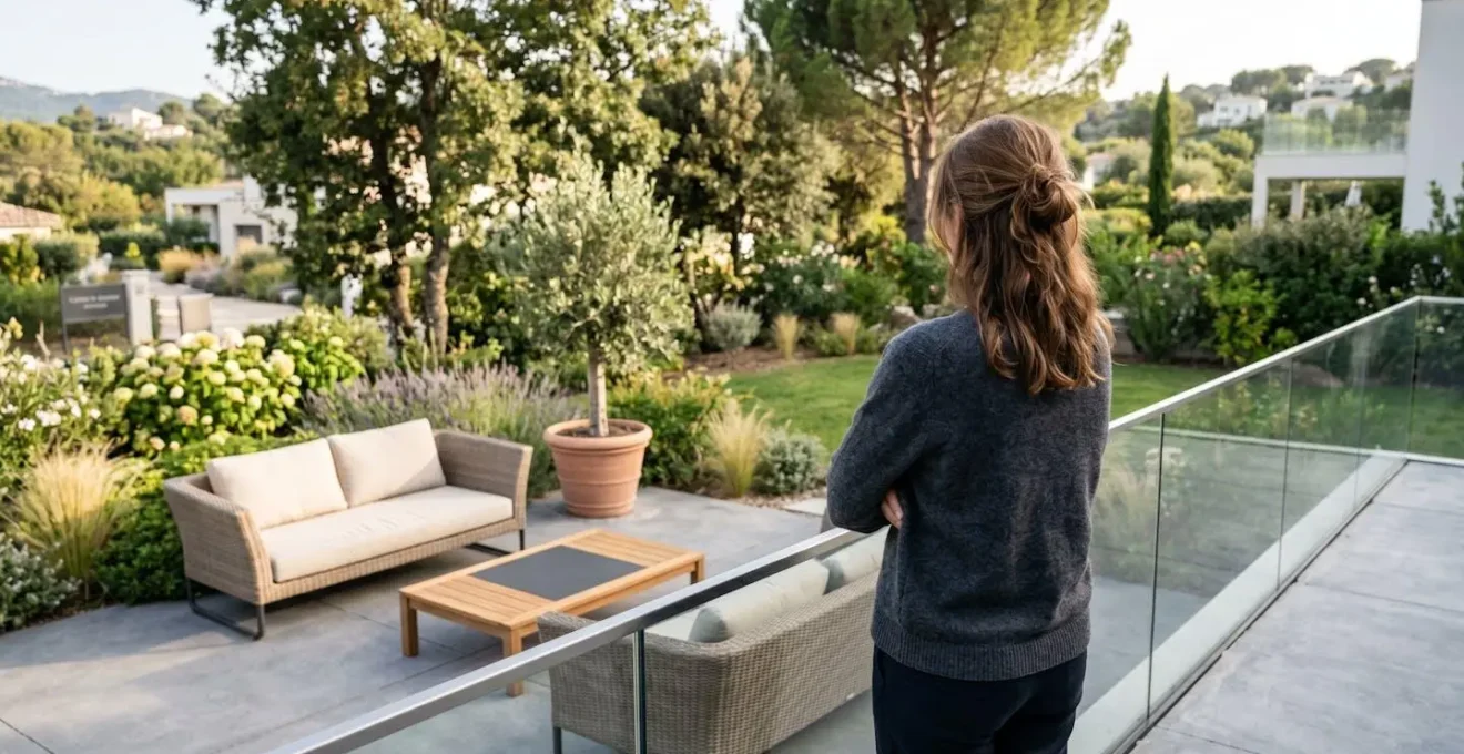 Vue de dos d'une personne contemplant une terrasse aménagée avec mobilier de jardin élégant visible en arrière-plan sous lumière naturelle douce