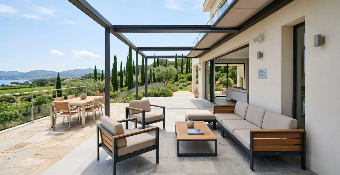 Terrasse contemporaine méditerranéenne aménagée avec mobilier en aluminium élégant, pierre claire et végétation en arrière-plan sous lumière naturelle