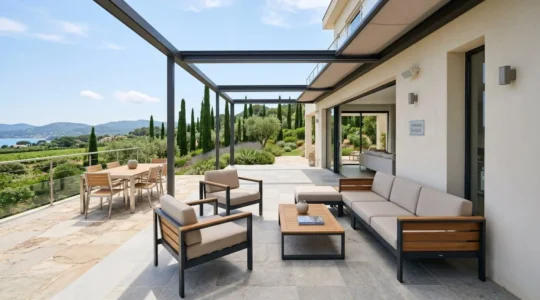 Terrasse contemporaine méditerranéenne aménagée avec mobilier en aluminium élégant, pierre claire et végétation en arrière-plan sous lumière naturelle