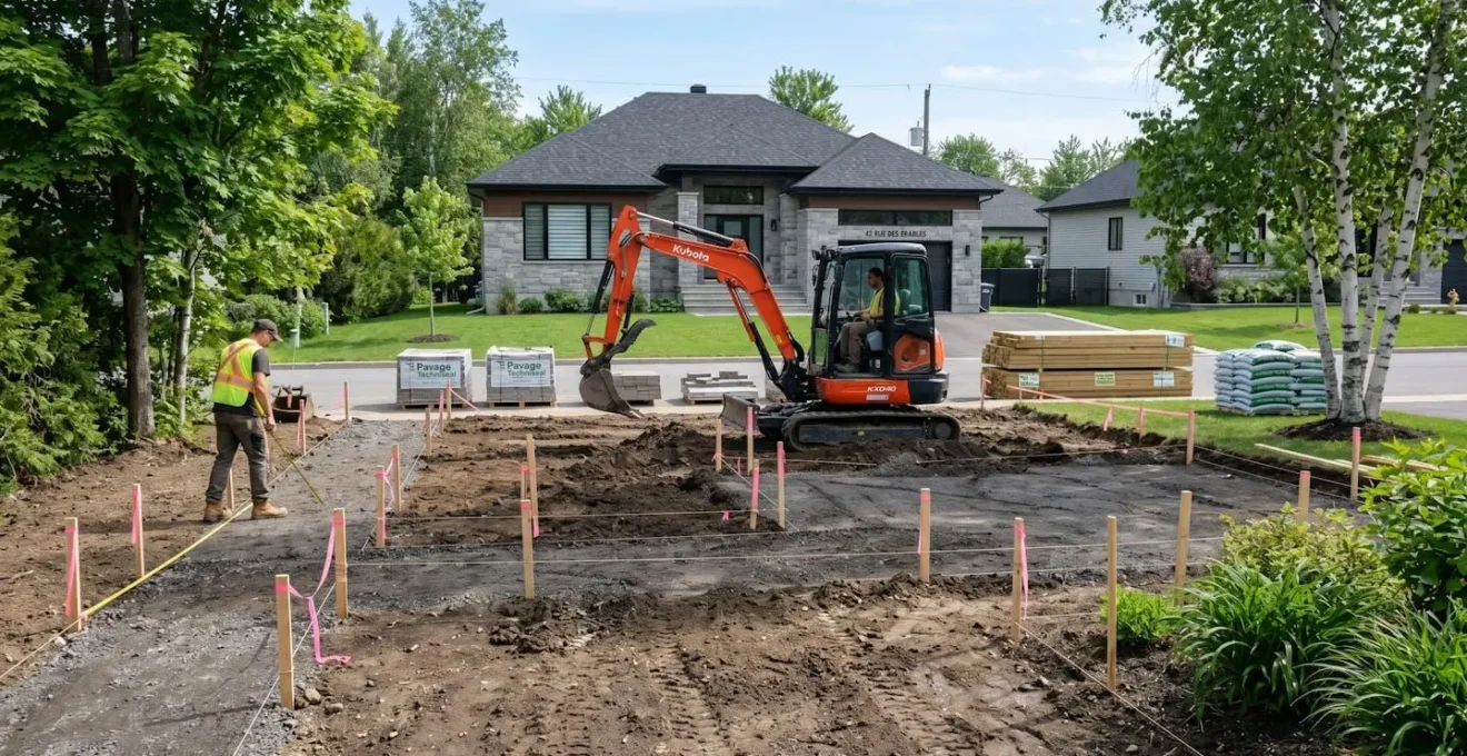 Chantier d'aménagement paysager résidentiel en phase préparatoire dans la région de Québec, avec terrain partiellement nivelé, piquets de marquage délimitant les zones futures, équipement léger et matériaux empilés, sous lumière naturelle printanière