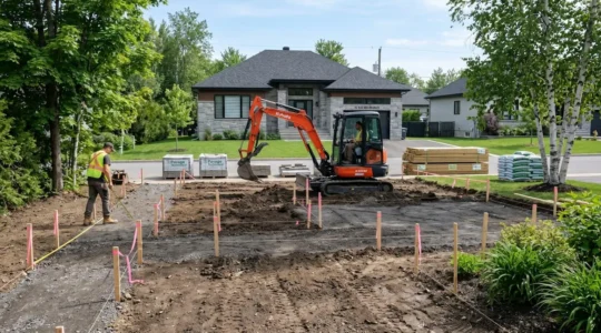 Chantier d'aménagement paysager résidentiel en phase préparatoire dans la région de Québec, avec terrain partiellement nivelé, piquets de marquage délimitant les zones futures, équipement léger et matériaux empilés, sous lumière naturelle printanière
