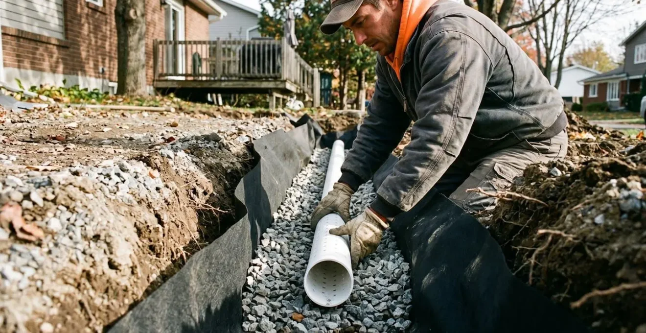 Installation d'un drain français résidentiel au Québec montrant le tuyau perforé au fond d'une tranchée, entouré de pierre concassée et de membrane géotextile, avec les mains d'un ouvrier ajustant la pente