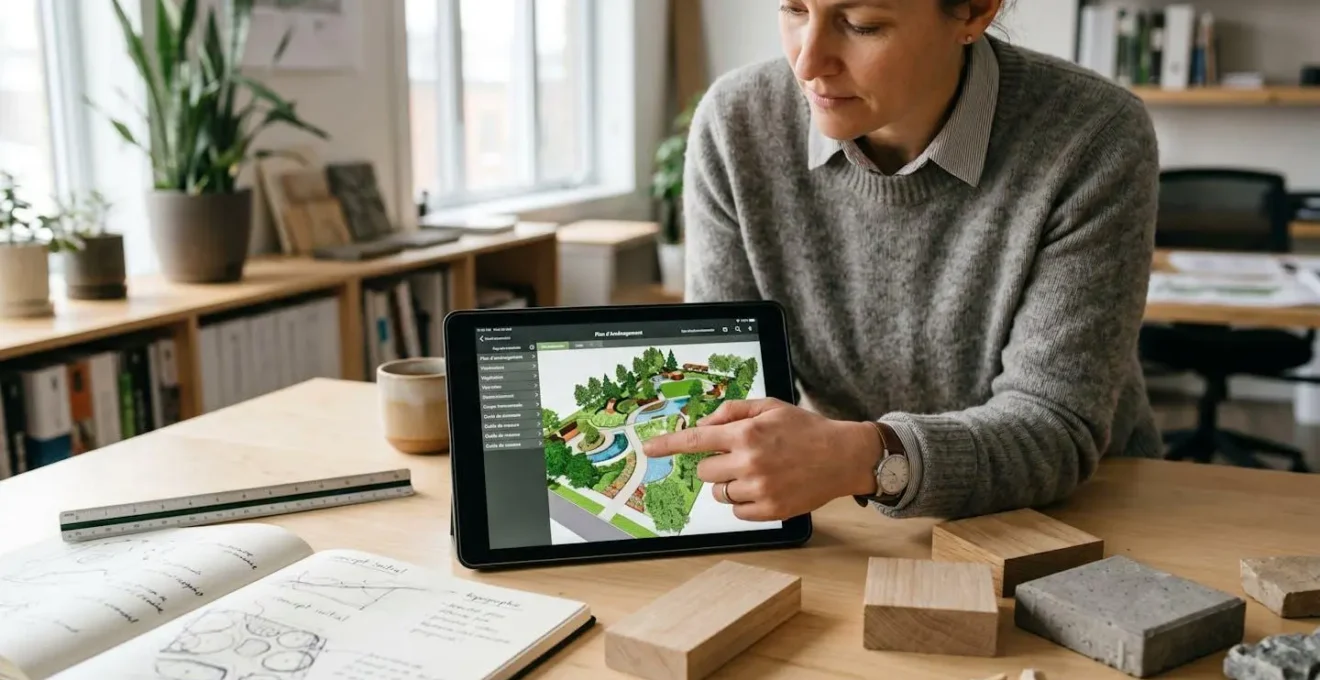 Paysagiste professionnel consultant un plan d'aménagement 3D sur tablette numérique, entouré de croquis préliminaires et d'échantillons de matériaux dans un bureau de conception à Québec