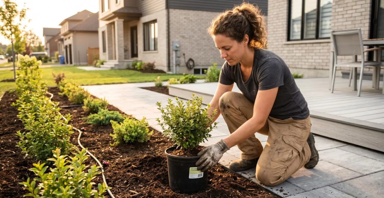 Paysagiste professionnel plantant un arbuste en pot dans une plate-bande avec paillis, sur un terrain résidentiel québécois avec patio et allée de pavé-uni déjà complétés, sous lumière dorée de fin de journée